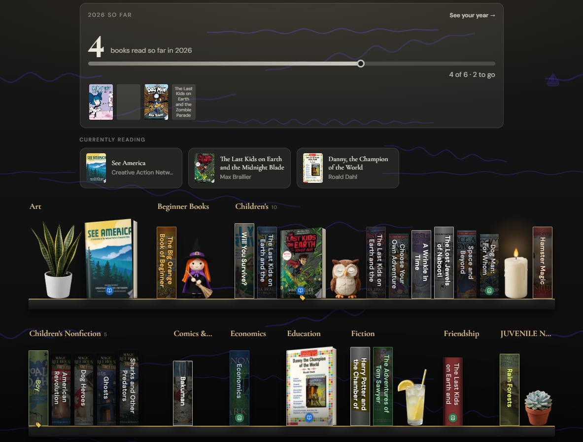 A Showcase of children's books on a dark wall with rolling waves, a year-so-far reading goal at the top, and a snake plant, a witch, an owl, a candle, a lemonade and a succulent on the shelves