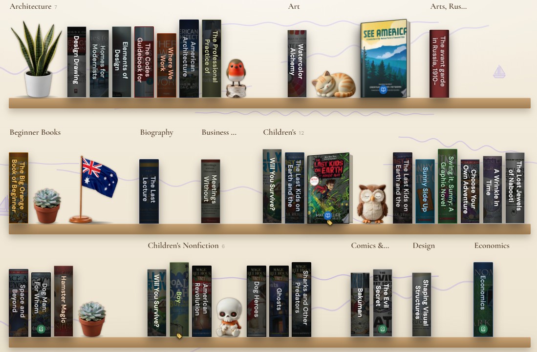 A TroveScore Showcase on a light wall with rolling waves and a little sailboat, books standing on wooden shelves under genre labels, and an Australian flag, a snake plant, succulents, a robin, a sleeping cat and an owl between them