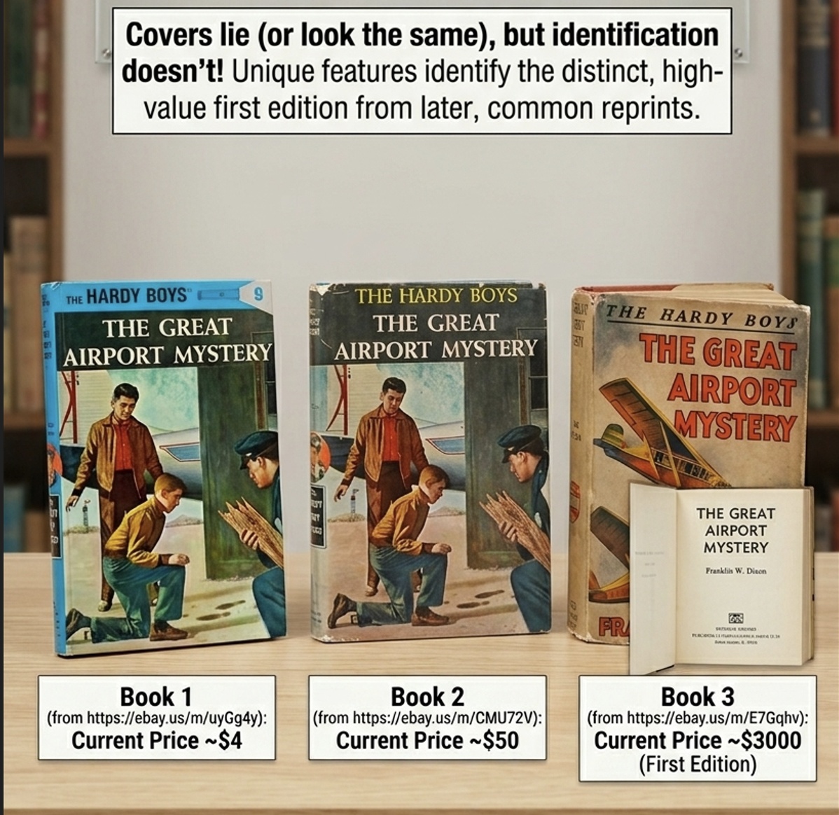 Three editions of The Hardy Boys — The Great Airport Mystery — priced at $4, $50, and $3000 respectively, illustrating how similar covers can hide drastically different editions and values.