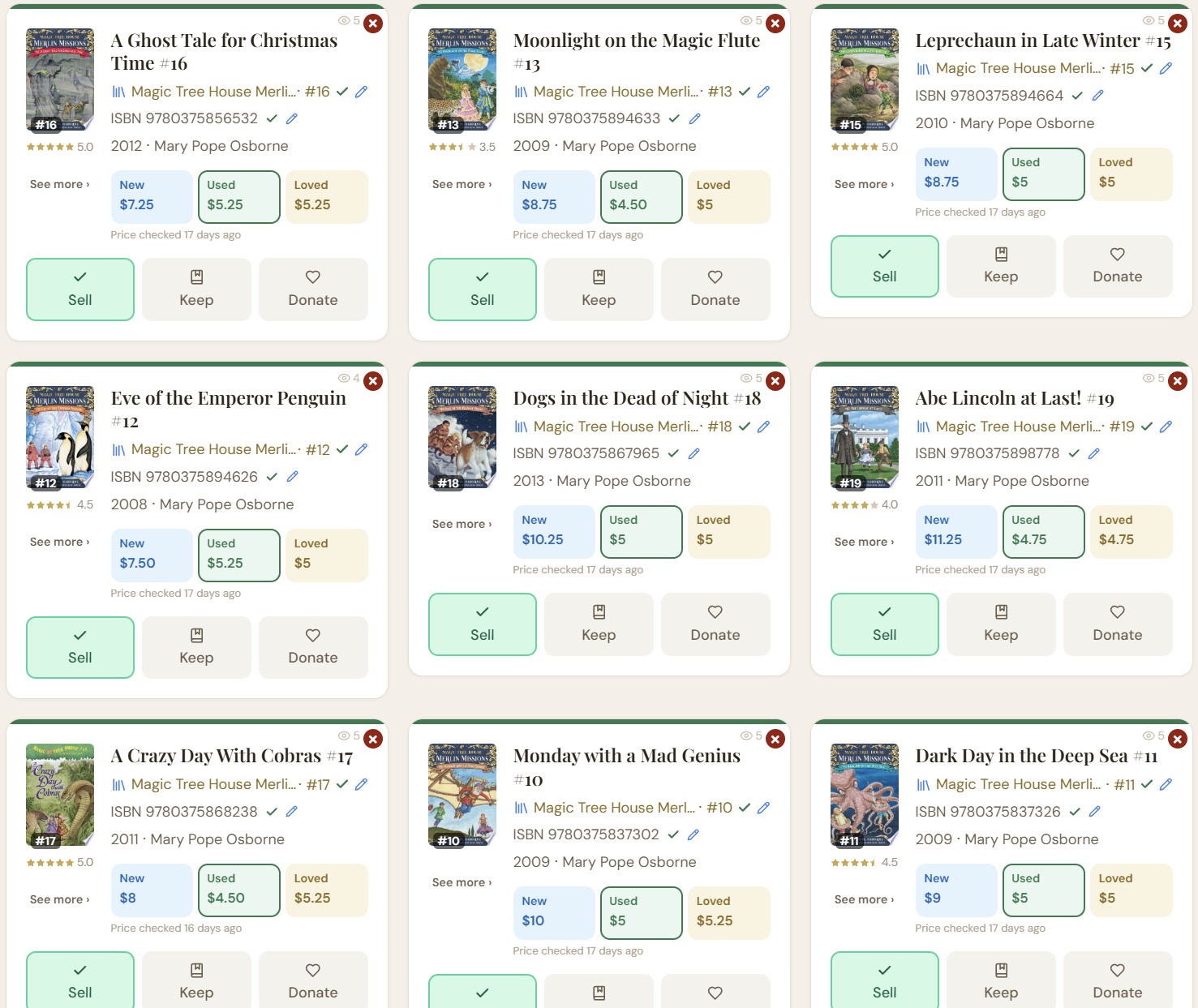 TroveScore Trove view showing Magic Tree House Merlin Missions books with series numbers, ISBNs, and eBay pricing for each.