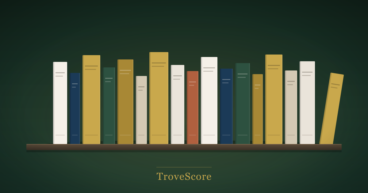 A TroveScore Showcase: books standing on a wooden shelf