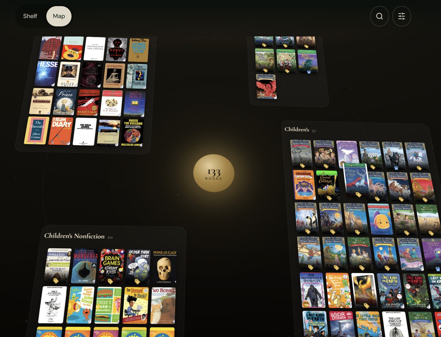 TroveScore Showcase Map view — book covers arranged on a pannable, zoomable canvas