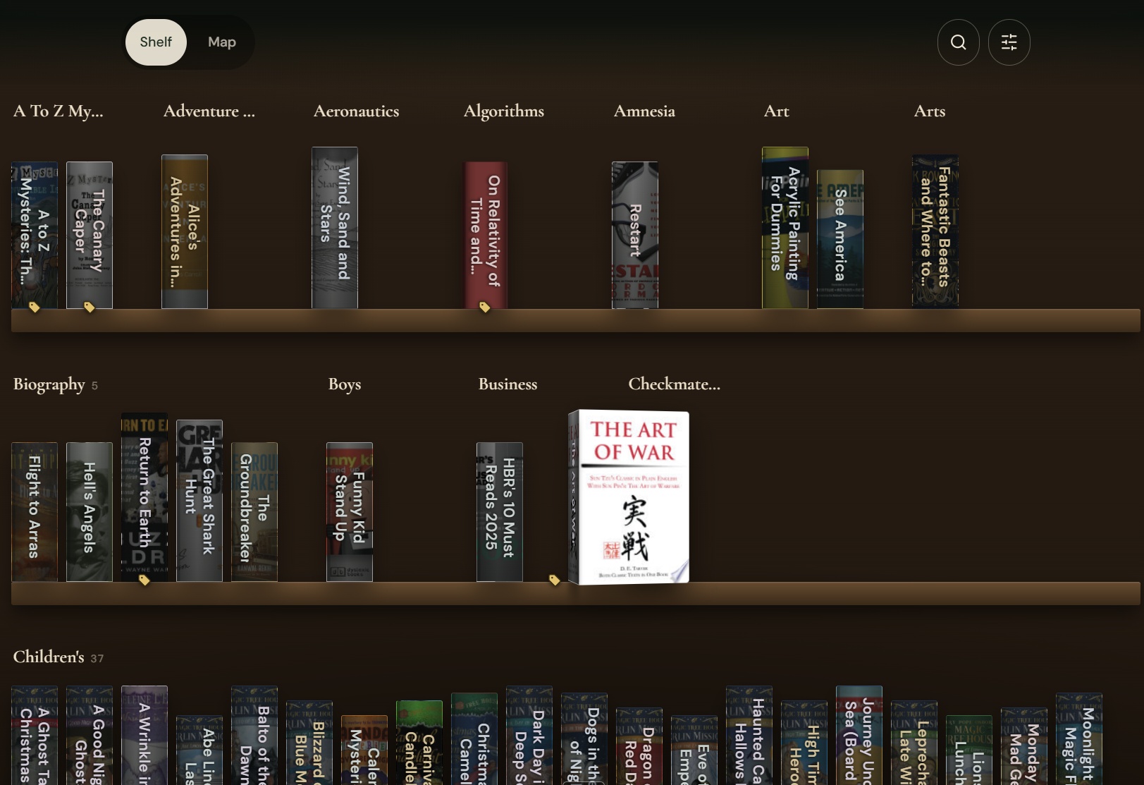 TroveScore Showcase Shelf view — books arranged as spines on a shelf